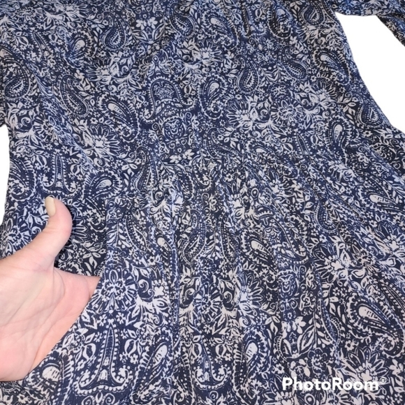 Garnet Hill Dress Sz 4 Blue White Pleated Lagenlook Paisley Floral Drape Pockets - Picture 4 of 9